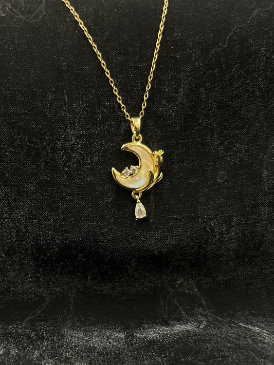 Dreamy Moon Charm Necklace with Crystal Drop